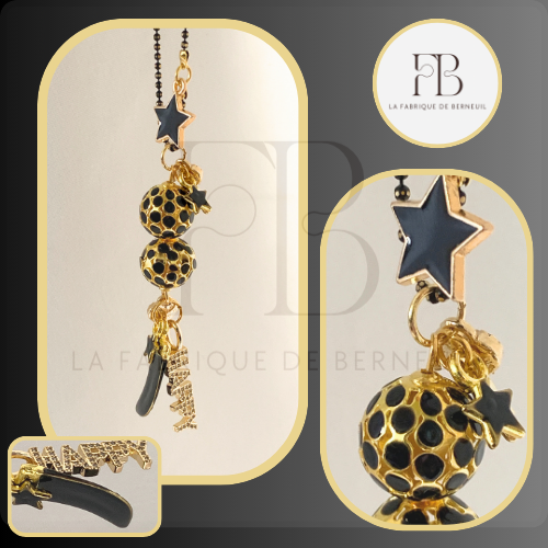 Sautoir "Irène", perles à facettes dorées et émaillées NOIR, or 18k et zirconium, création artisanale