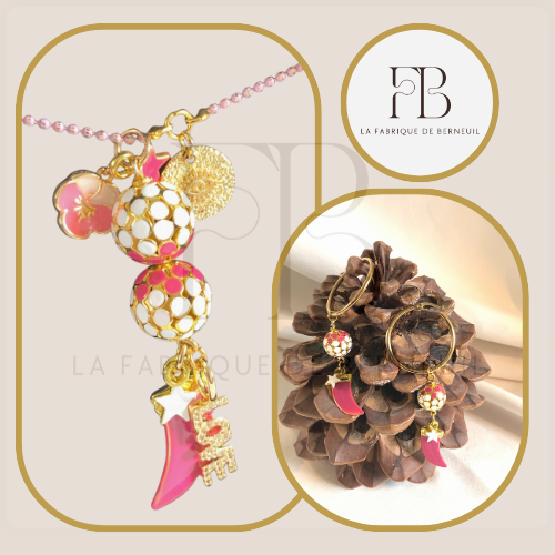 Collection "Milles facettes": Sautoir "Irène", perles à facettes dorées et émaillées Rose Fushia et Blanc , or 18k et zircon.