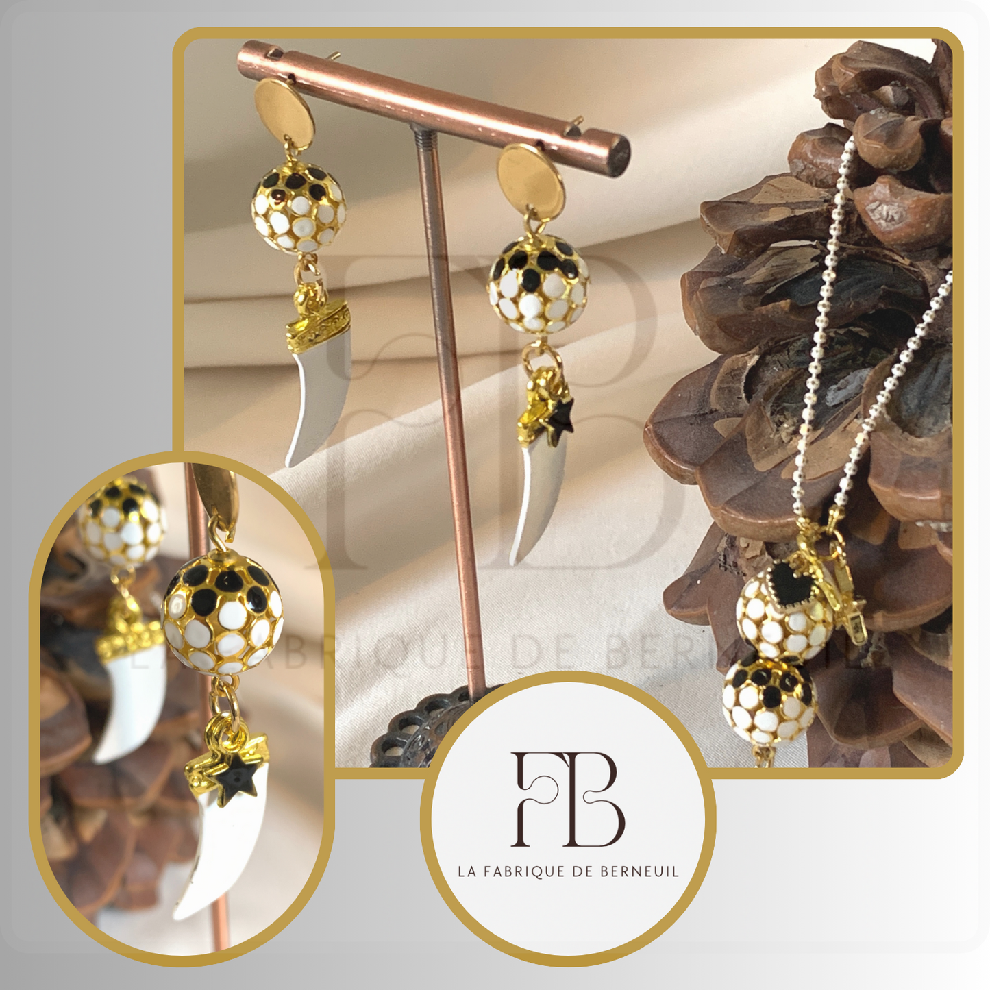 Sautoir "Irène", perles à facettes dorées et émaillées Noir et Blanc , or 18k et zircon