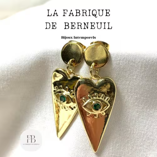 Boucles d'oreilles Bohème, cœur et mauvais œil, acier inoxydable plaqué or 18k et zircon vert